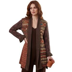 Sacred Threads Cardigan Womens Medium Mixed Floral Geo Design Ruffled Boho